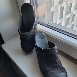 UGG Jolene clog. Size 6. Wooden Heel. Cloth. Leather. Rivets. Used and show wear